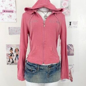 Vintage BEBE Pink Rhinestone Logo Zip-Up Hoodie